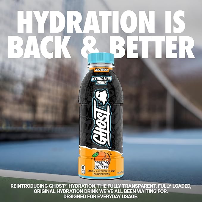GHOST Hydration Drink, Orange Squeeze - RTD Sports Drink with Electrolytes, Natural Vitamins &
