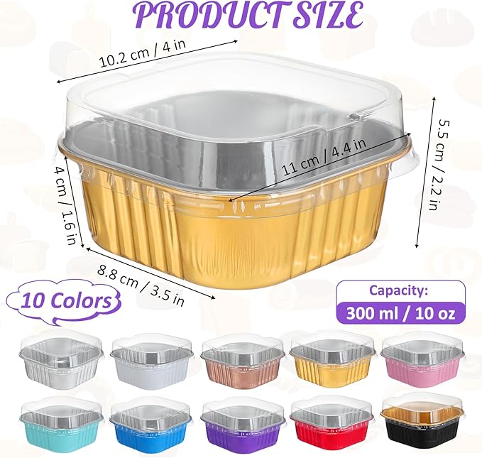 Aoriher 300 Pieces 10 oz Mini Cake Pans with Lids, Aluminum Foil Baking Cups, Square Disposable