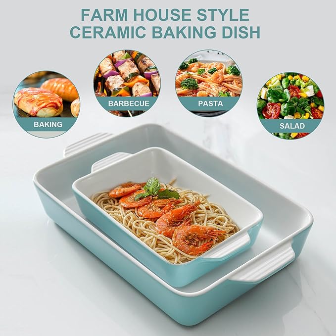 Ceramic Baking Casserole Dish with Handles, Large 9x13 inch Pan and Middle Baking Pan - Porcelain