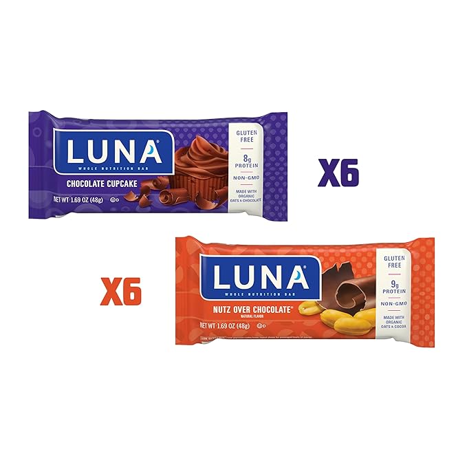Luna Bar - Variety Pack - Nutz Over Chocolate and Chocolate Cupcake Flavor - Gluten Free Snack Bars