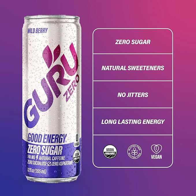 GURU ZERO SUGAR Wild Berry Organic Energy Drink with Plant Based Natural Caffeine from Green Tea