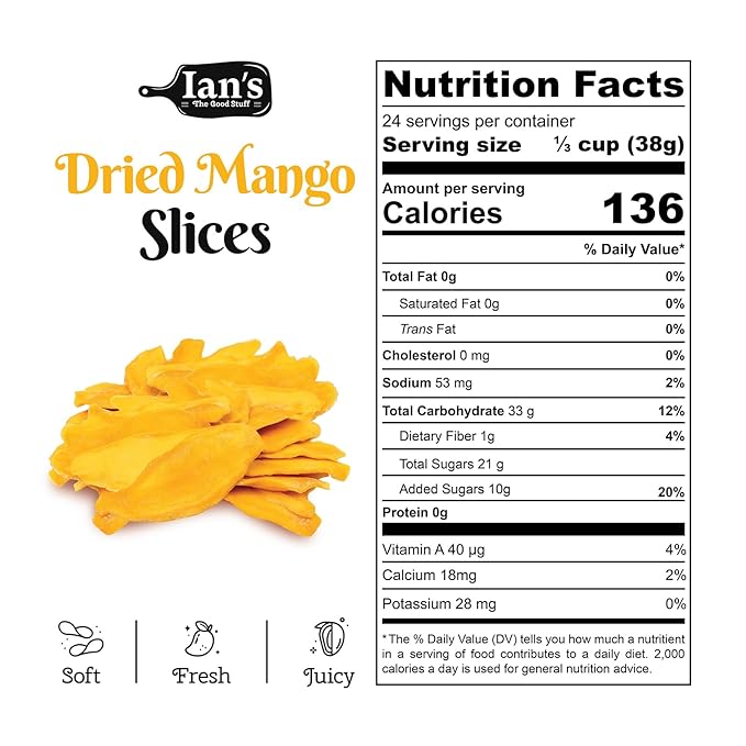 IAN's Premium Dried Mango Slices (2lbs) - Dry Mango Chunks - Healthy Dried Fruit Snacks for Adults