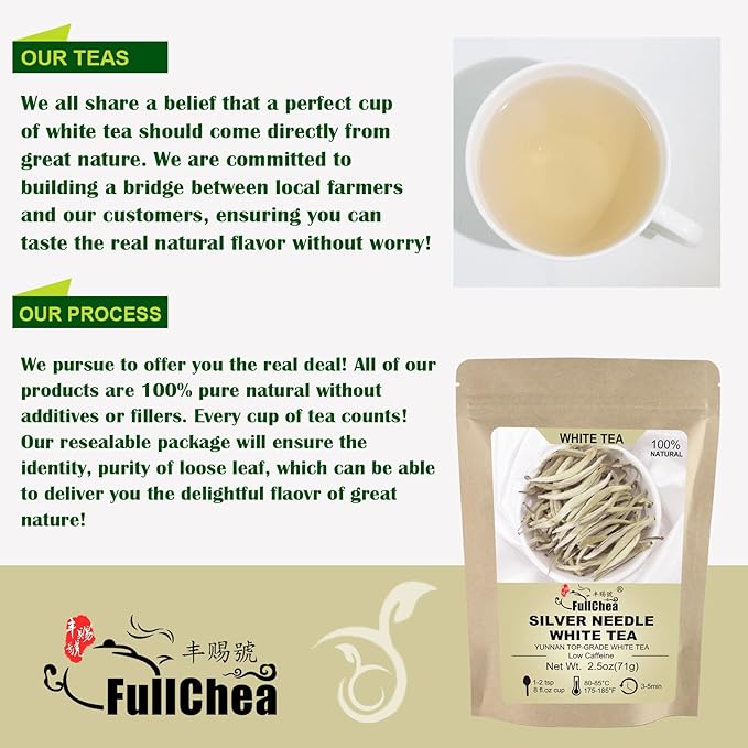 FullChea - White Tea Loose Leaf - Yunnan Silver Needle White Tea - Low Caffeine - Bai Hao Yin Zhen