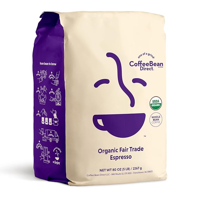 Coffee Bean Direct Organic Fair Trade Espresso, Whole Bean Coffee, Dark Roast, 5 Pound Bag (Pack of
