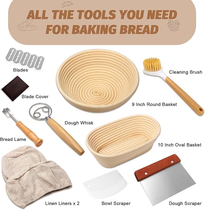 Sourdough Proofing Basket Gift Set, 9" Round and 10" Oval Banneton Bread Baking Supplies, Sourdough