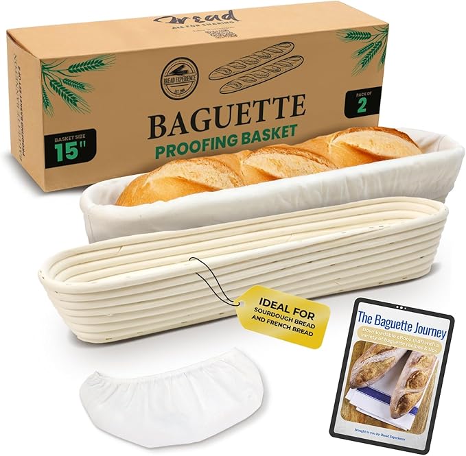 15 Inch Baguette Proofing Basket Set of 2 with Cotton Liners & Baguette Recipe eBook- Handcrafted