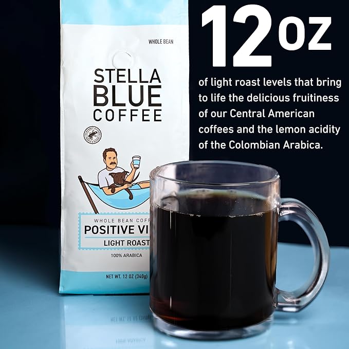 Stella Blue Whole Bean Coffee, Positive Vibes Blend, Light Roast, Vanilla and Fruity Notes, 100%