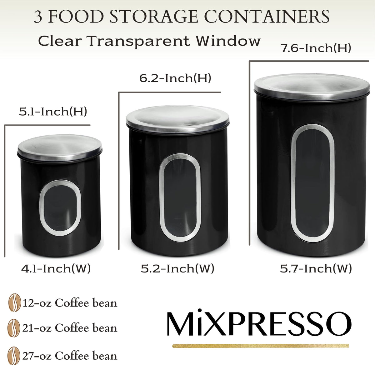 Mixpresso 3-Pcs Black Canisters Set for Kitchen Storage Airtight Jars