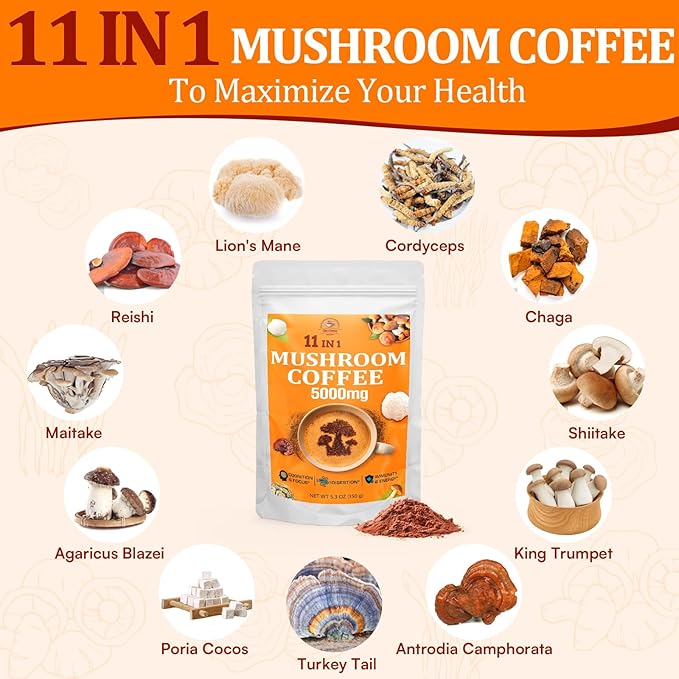 Mushroom Coffee - Mushroom Coffee Organic with 11 Superfood Mushrooms, Includes Lion's Mane