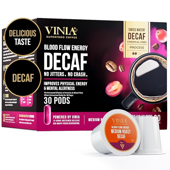 VINIA Blood Flow DECAF Coffee - Medium Roast Superfood Coffee Pods, Swiss Water Process Powered by