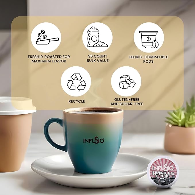 InfuSio Vanilla Cr챔me Medium Roast, 96 Count Pods for Keurig K-Cup Brewers, Compatible with 2.0