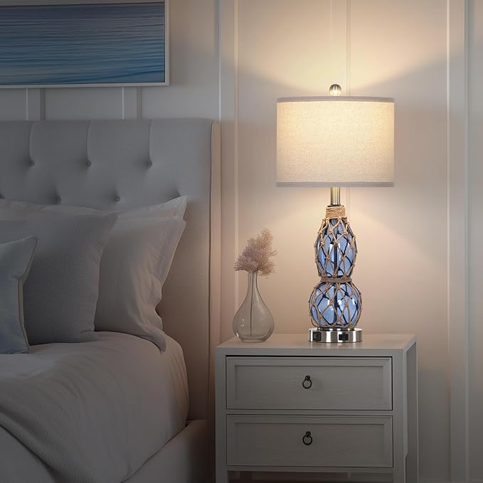 26" Coastal Glass Table Lamps Set of 2, 3-Way Dimmable Touch Lamps with USB Ports and AC Outlet