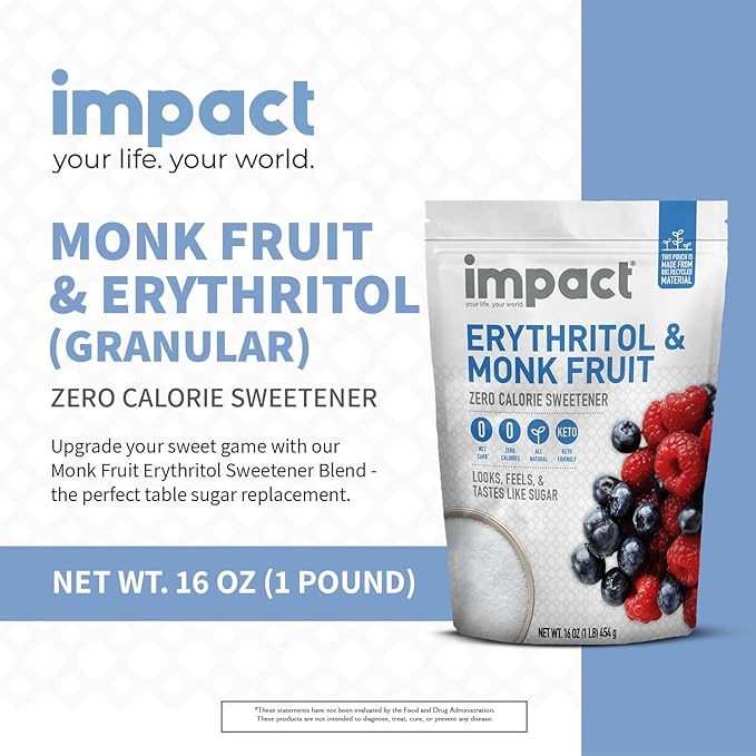 Impact White Monk Fruit & Erythritol Sweetener Blend - Gluten Free, Zero Calories, Net Carbs, Keto