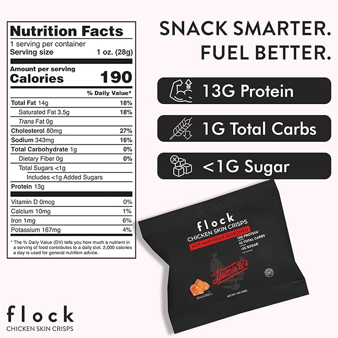 Flock Keto Chicken Skin Chips | Hattie B's Nashville Hot Flavor | Low Carb, High Protein, Sugar