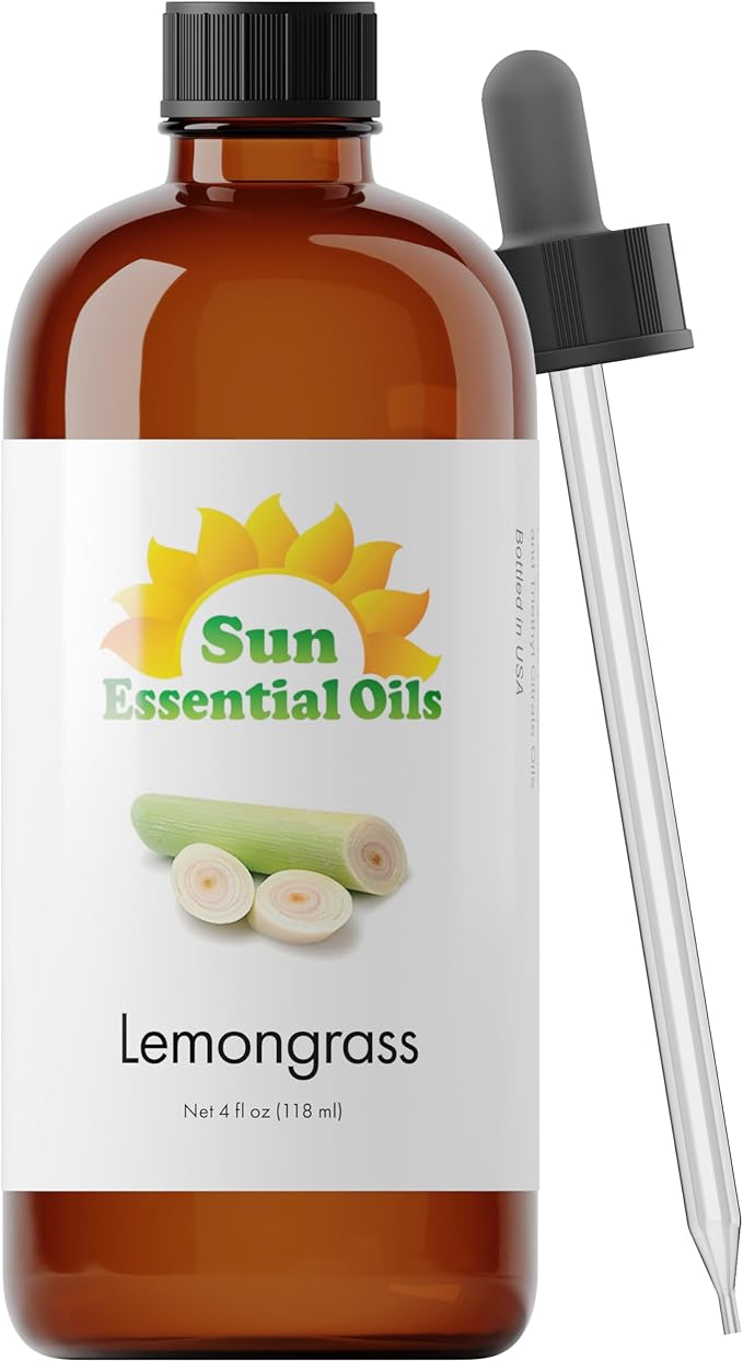 Sun Essential Oils - Lemongrass Essential Oil 4 oz with Dropper for Diffuser, Hair & Skincare
