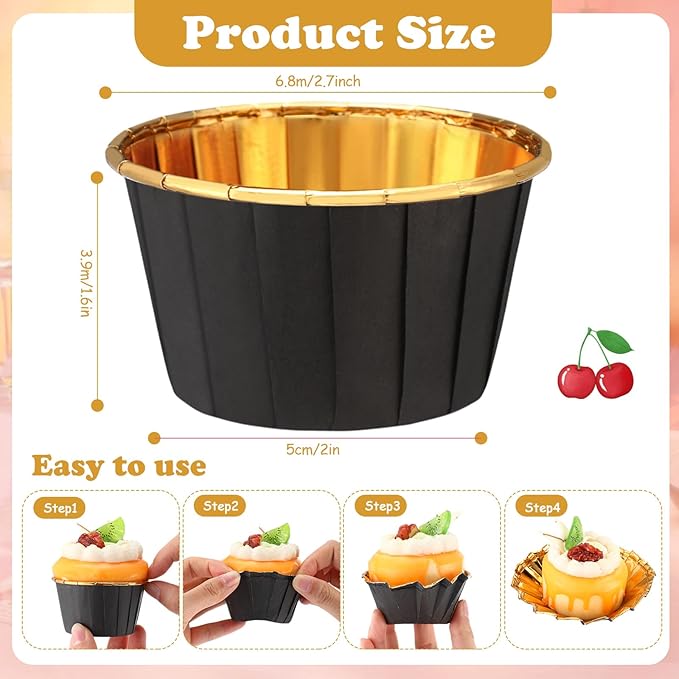 300 Pack Black Gold Cupcake Liners Bulk Disposable Foil Muffin Cups 3.5 oz Wrappers for Baking