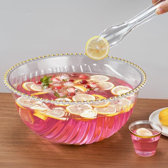 NiHome Large Plastic Punch Bowl with Ladle, Tongs and 25 Gold-Rimmed Cups for Wedding, Birthday