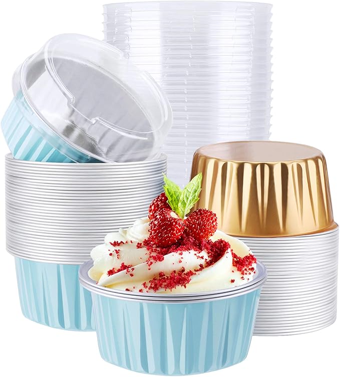 EUSOAR Aluminum Foil Cups, 5 oz 60pcs Baking Cups with Lids, 125ml Snacks Desserts Flan, Cupcake