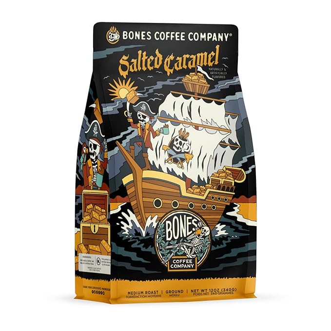 Bones Coffee Company Salted Caramel Flavored Coffee, Medium Roast Low Acid Arabica Beans Compatible