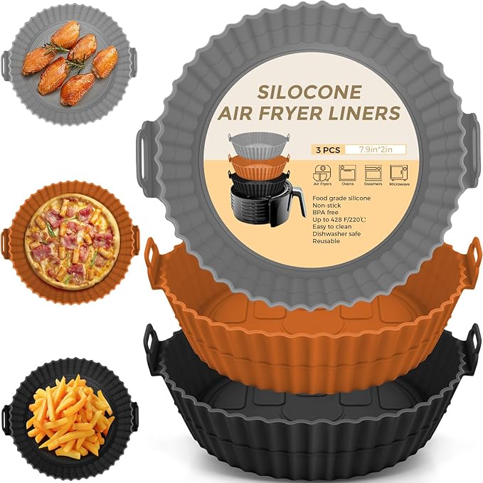 Beauty 3 Pack Air Fryer Liners - 8 Inch Silicone Pot, Reusable Food Grade, Baking Basket