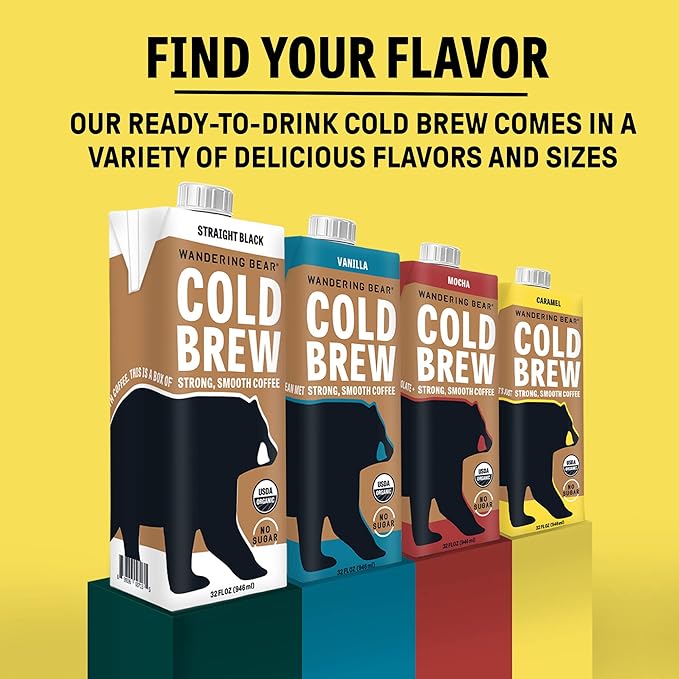 Wandering Bear Organic Caramel Cold Brew Coffee, 32 fl oz, 6 pack - Extra Strong, Bold, Smooth