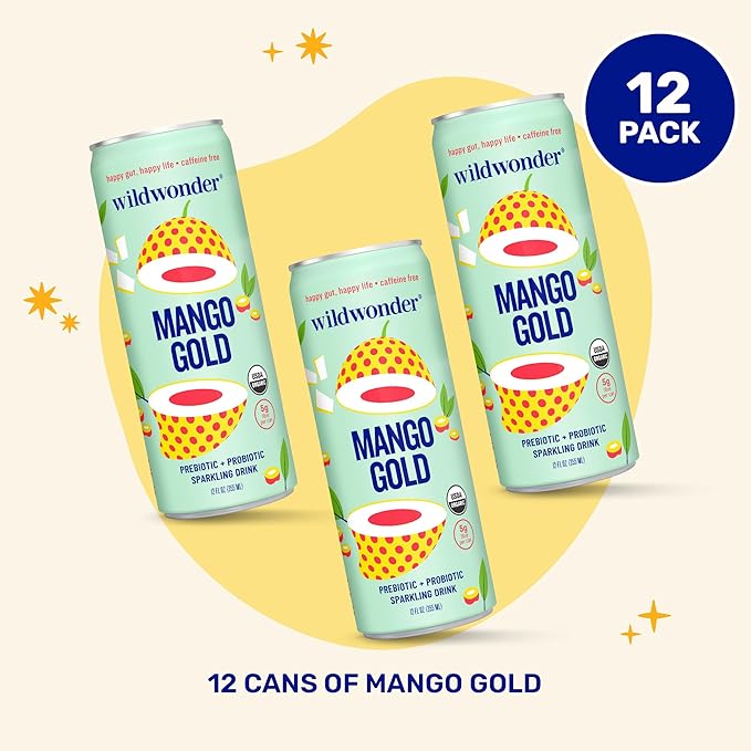 wildwonder Sparkling Probiotic Drink 12pk, For Gut Health & Immune Support, Mango Gold, 5g