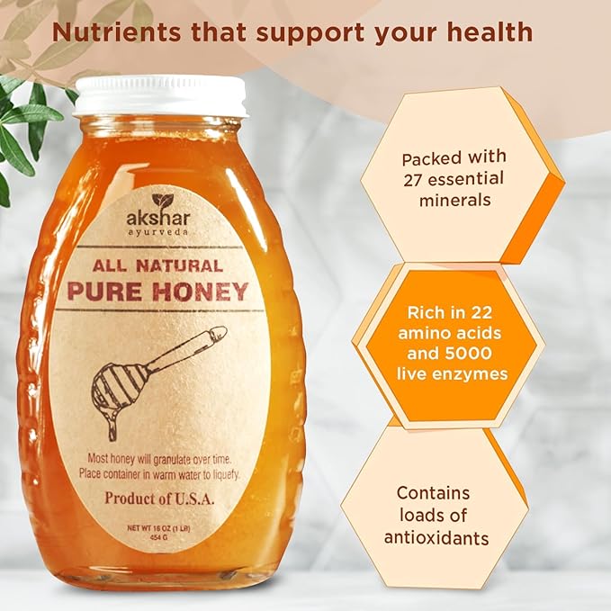 Akshar Ayurveda - 8 Oz Pure Honey - All Natural USA Honey - Smooth & Easy to Pour, Stored in Glass