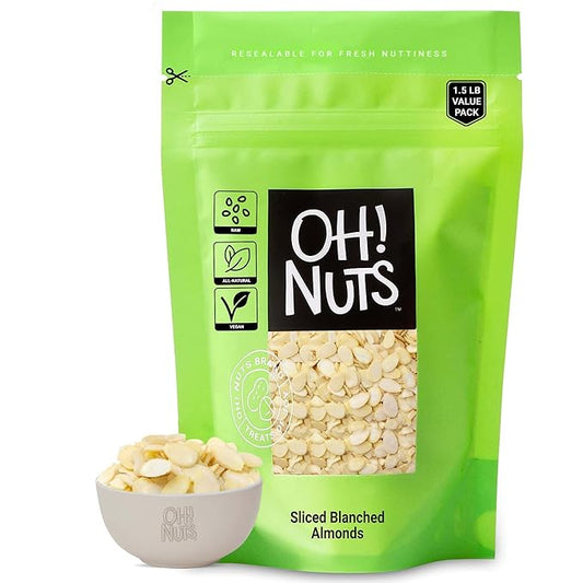 Oh! Nuts Almonds Blanched Sliced - Raw - 100% Natural - 1.5 lb - High-Protein Almonds - Packed in