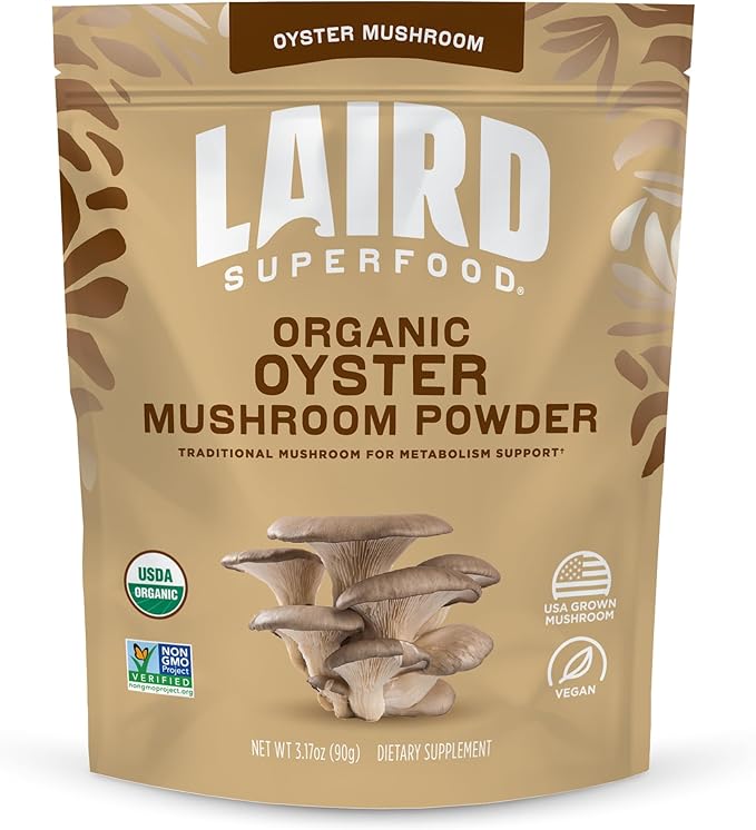 Laird Superfood Organic Oyster Mushroom Powder for Immune and Digestive Support, 3.17 oz. Bag, Pack