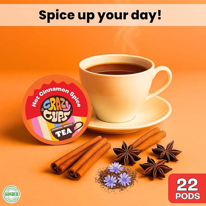 Crazy Cups Hot Cinnamon Spice Herbal Tea Pods, 22 Count | Caffeine Free, Kosher Certified, Warming