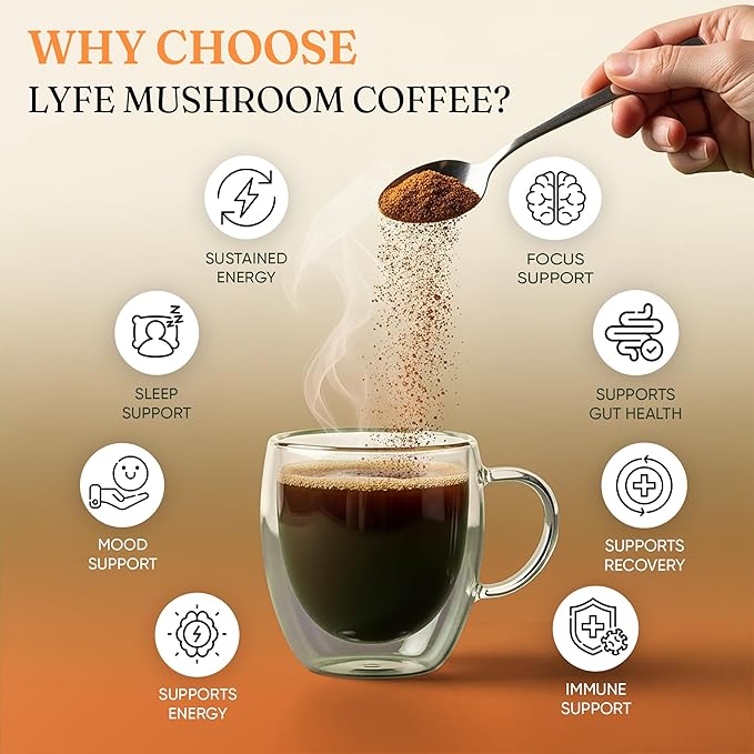 LYFE Organic Instant Decaf Mushroom Coffee ??Lion?™s Mane, Chaga, Cordyceps, Turkey Tail | USA