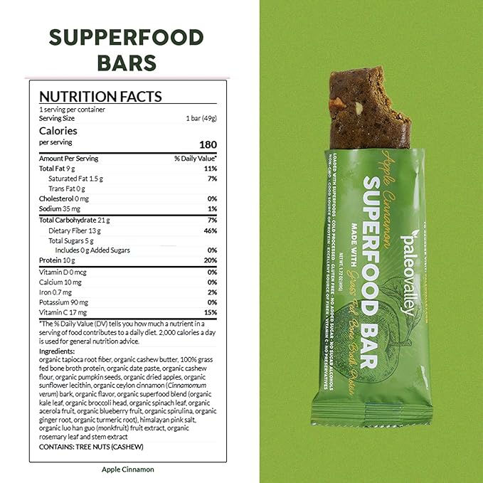 Paleovalley Superfood Bars – Apple Cinnamon– 12 Pack – 9g Protein per Bar – Gluten-Free