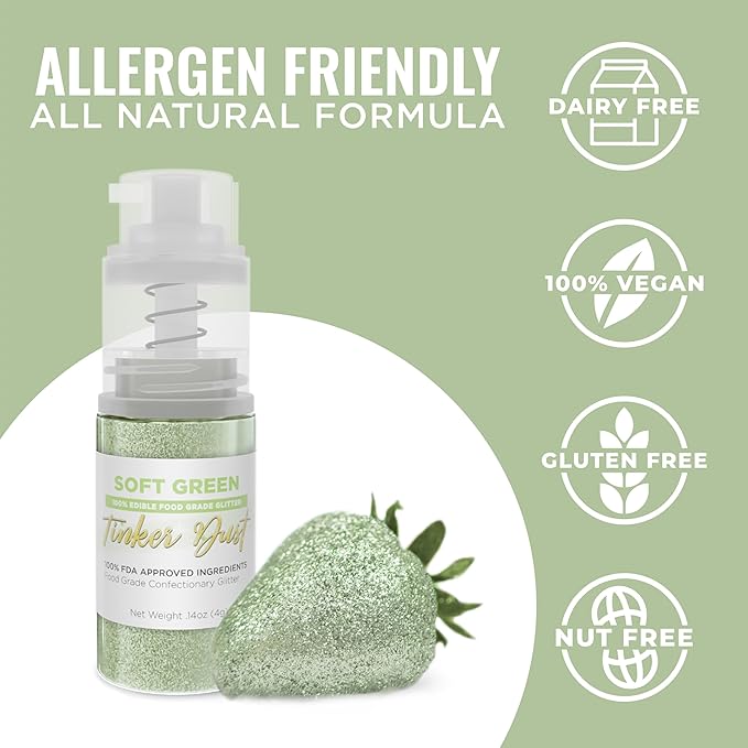 Bakell - Soft Green Tinker Dust (4g, 1x Mini Spray Pump) Edible Glitter for Food, Desserts, and
