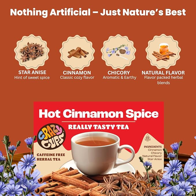 Crazy Cups Hot Cinnamon Spice Herbal Tea Pods, 22 Count | Caffeine Free, Kosher Certified, Warming