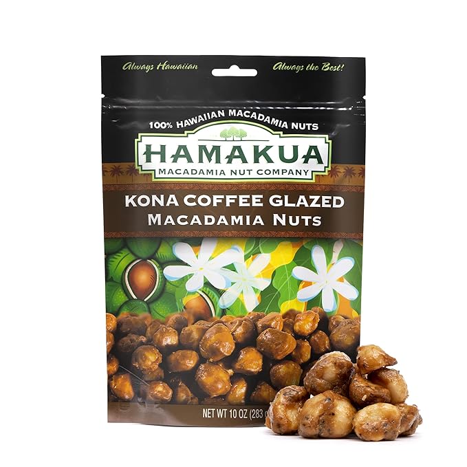 Hamakua Macadamia Nuts - Sweet Glazed Kona Coffee - Hawaiian Grown Flavored Dry Roasted Half and