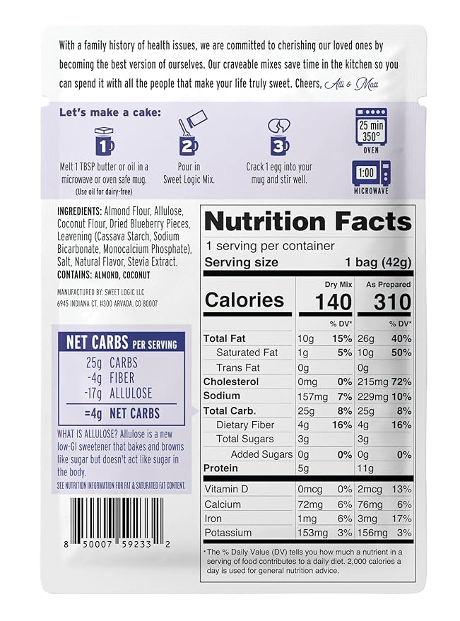 Sweet Logic Keto Dessert Mug Cake Mixes - Blueberry Muffin - Low Sugar - Gluten-Free - Low Carb