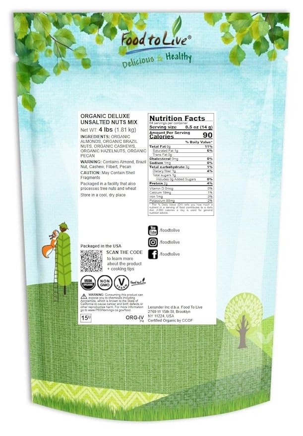 Food to Live Organic Deluxe Unsalted Nuts Mix, 4 Pounds ??A Blend of Dry Roasted Organic Raw
