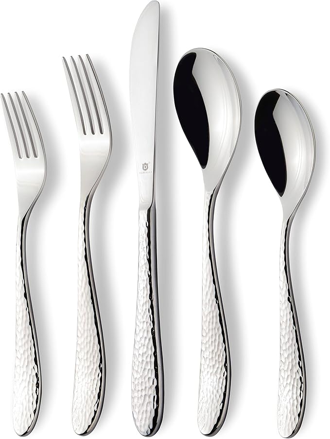 Hammered Silverware Set | Premium 18/10 Stainless Steel Flatware Service for 12 | Heavy-Duty &