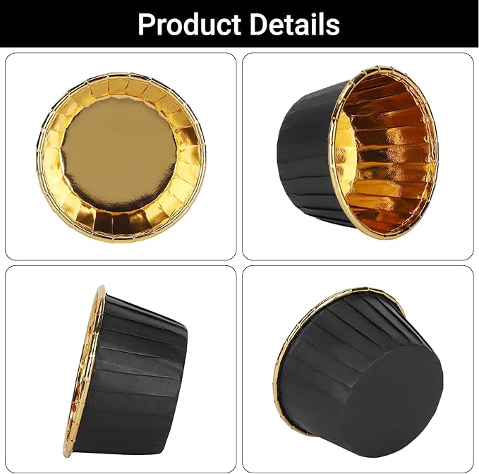 EUSOAR Foil Cupcake Liners, 3.5oz 50pcs Black Gold Disposable Mini Muffin Liners, Individual