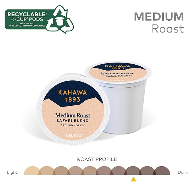 Kahawa 1893 Medium Roast Coffee K-Cup Pods Safari Blend (30 Count) - As Seen on Shark Tank, High