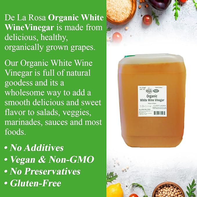 De La Rosa Organic White Wine Vinegar, Raw & Unfiltered, with the “Mother”, Kosher for Passover