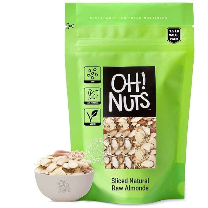 Oh! Nuts Raw Natural Sliced Almonds - 100% Natural - Sliced Almonds - 1.5 lb - Almonds Raw - Packed