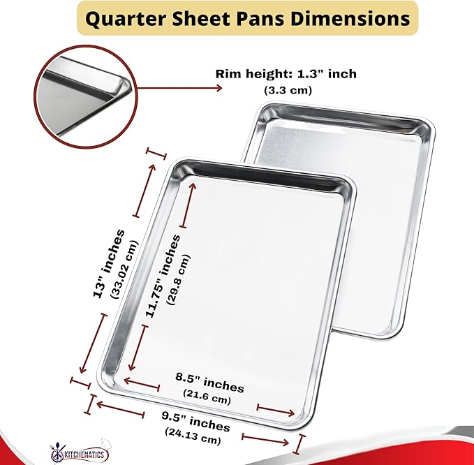 KITCHENATICS Quarter Sheet Baking Pans, Premium Quality Aluminum Cookie Sheet Set - Oven Safe