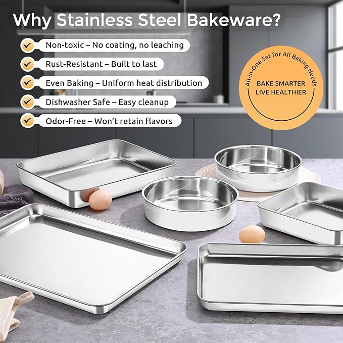E-far Stainless Steel Baking Pan Set, 6-Piece Metal Bakeware Sets Include Cookie Sheet, Round