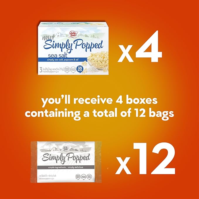 Jolly Time Simply Popped, Vegan, Dairy Free Microwave Popcorn, 3oz Sharing Bag, 3 Bags Per Carton