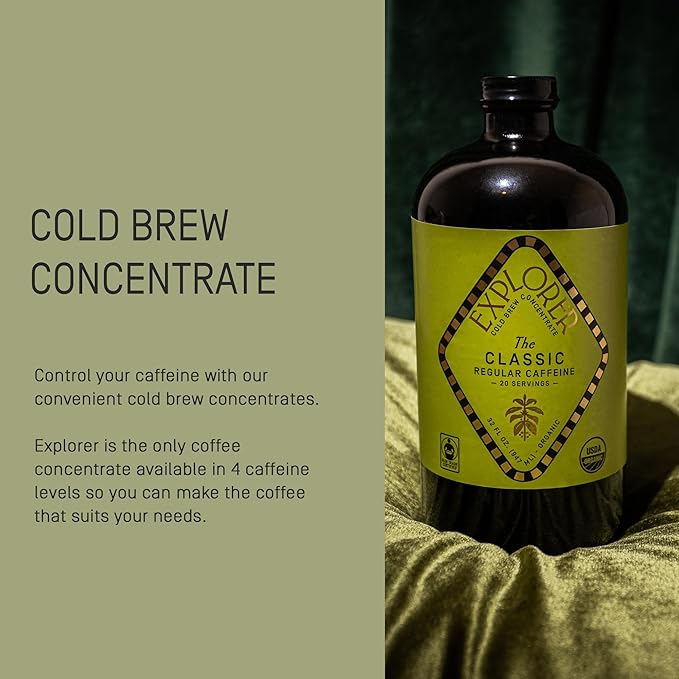 Explorer Cold Brew Organic Liquid Coffee Concentrate, Classic Regular Caffeine, Drink Iced or Hot