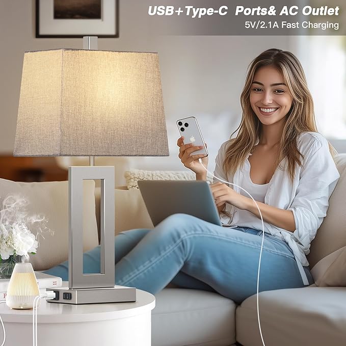 Touch Control Table Lamp Set of 2, Modern Silver Bedside Lamps with USB C+A Ports & AC Outlet, 3