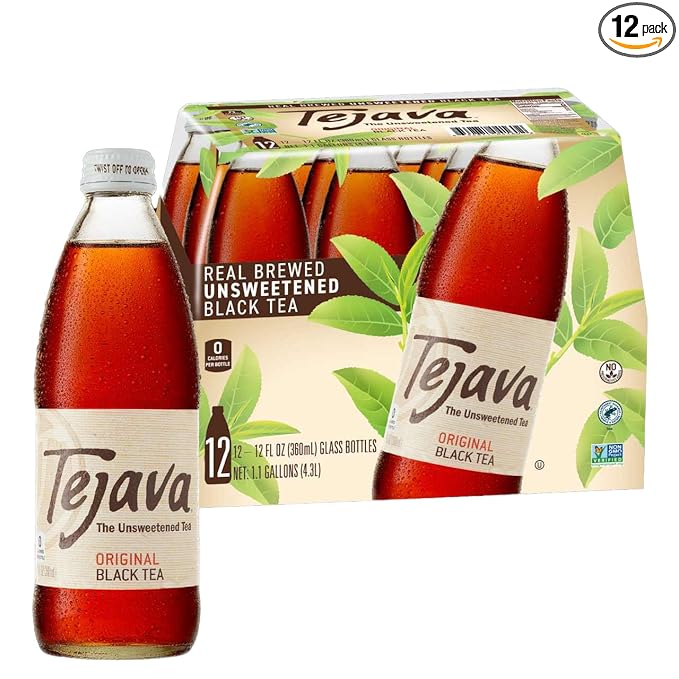 Tejava Original Black Iced Tea, 12 Pack, 12oz Glass Bottles, Unsweetened, Non-GMO, Kosher, No Sugar