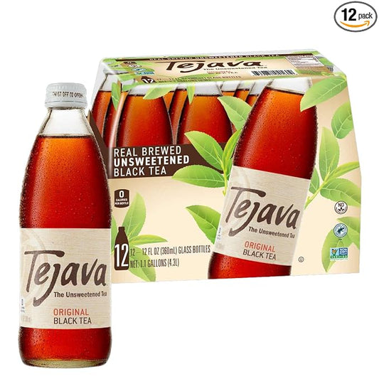 Tejava Original Black Iced Tea, 12 Pack, 12oz Glass Bottles, Unsweetened, Non-GMO, Kosher, No Sugar