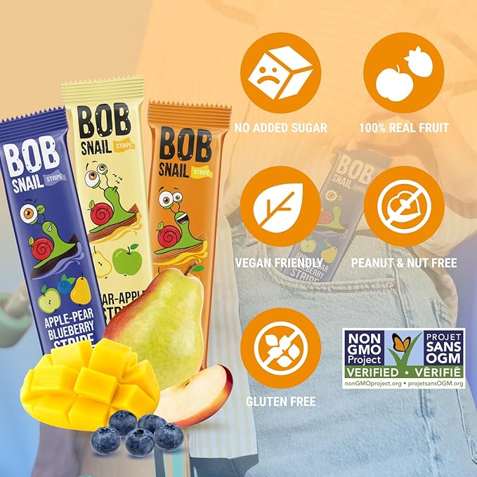 BOB SNAIL Healthy Organic Fruit Snacks for Kids and Adults ??30 Organic Fruit Leather Snacks with